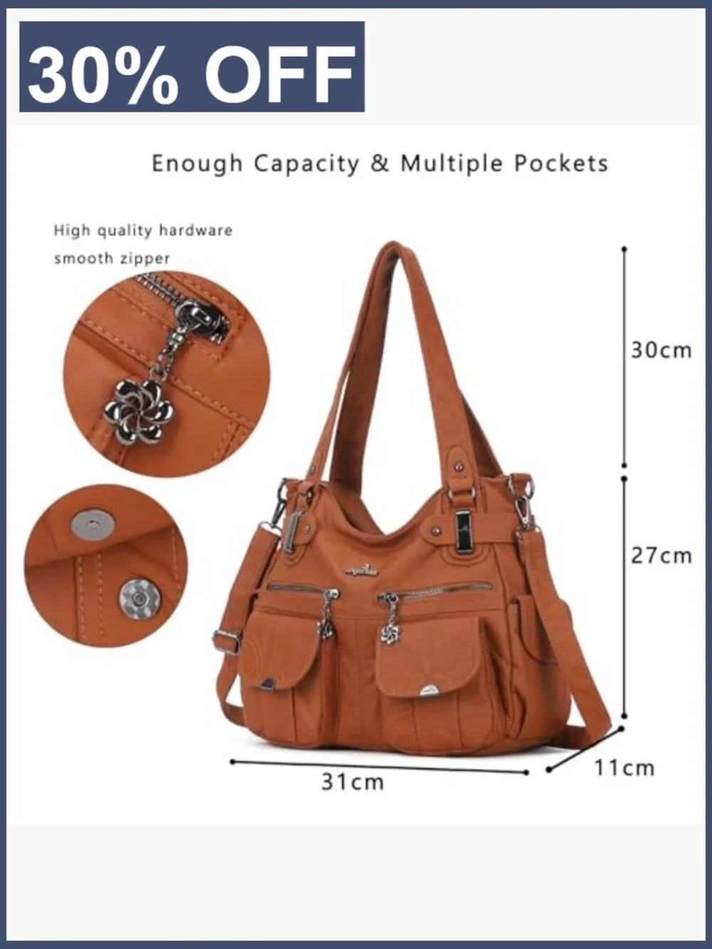 Washed Leather Hobo Shoulder Bag Large Double Zipper Multi Pocket Crossbody